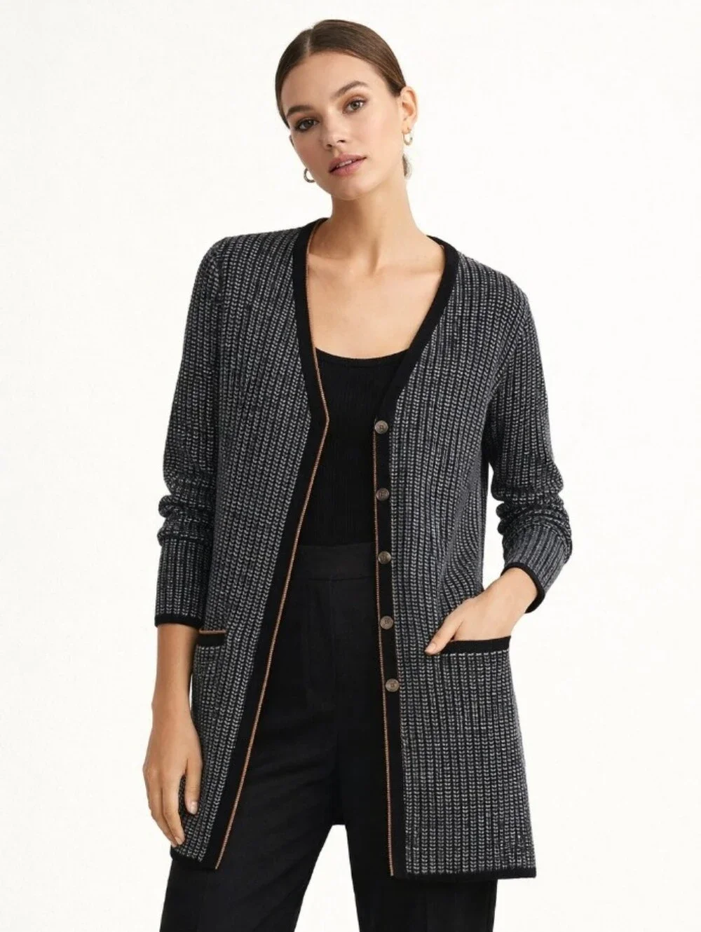 Jones New York Black and White Knit Long Cardigan - Picture 1 of 9